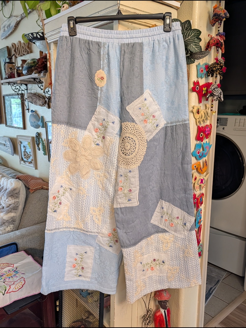 Bohemian Patchwork Wide-Leg Pants in Light Blue - Picture 15 of 15